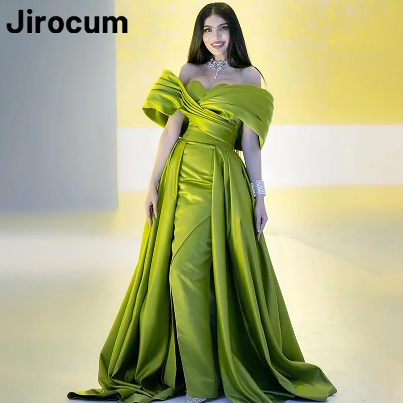 Jirocum Elegant A-Line Prom Dress Women\'s Off Shoulder Pleated Satin Evening Gown customized Side Slit Special Occasion Dresses