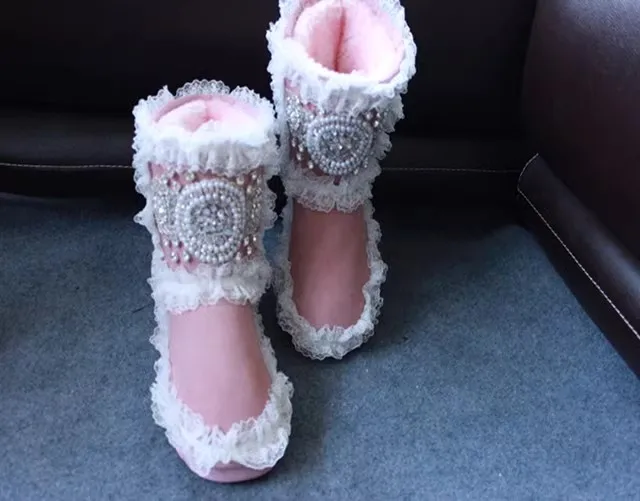 Sweet Pink Suede Rhinestone Pearl with Floral Lace Ruffles  Snow Boots Thick Sole Round Toe Women Warm Winter Ankle Boots