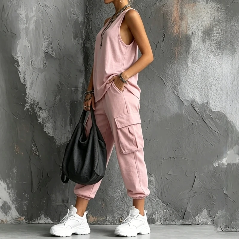 Women's Casual Round-Neck Knit Vest and Capris Set Knit Sweater Sets Casual Cap Sleeve Top with Wide Leg Pants Tracksuits 6XDA
