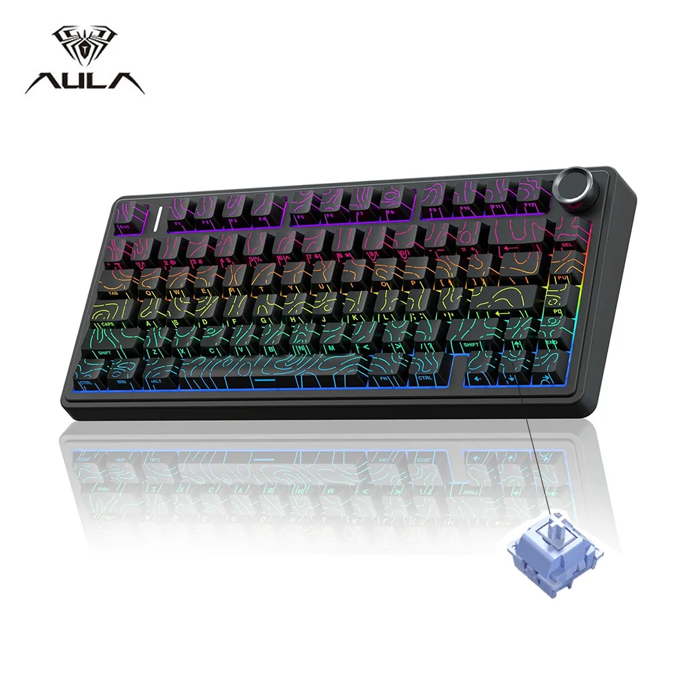 AULA F75 Wireless Gaming Mechanical Keyboard Tri-Mode Contour Side Carved PBT Keycap 75% Layout RGB Light Customized PC Keyboard