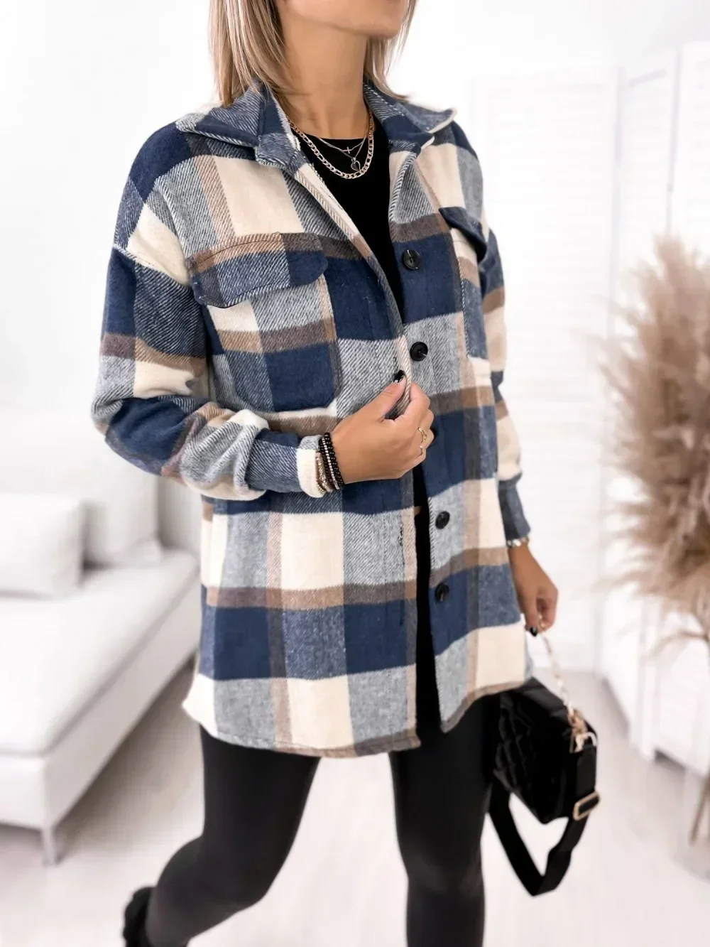 Summer Fashion Women\'s Fashionable Wool Jacket Top Women\'s Long Sleeved Single Breasted Checkered Printed Shirt