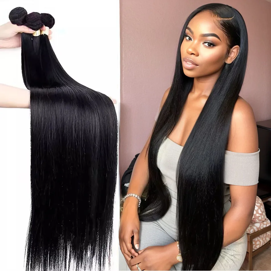 YKB Silk Straight Bundles Human Hair 30 Inch 100% Raw Hair 3 4 Bundles Mongolian 12A Weave Weaving Extensions Double Weft Bulk