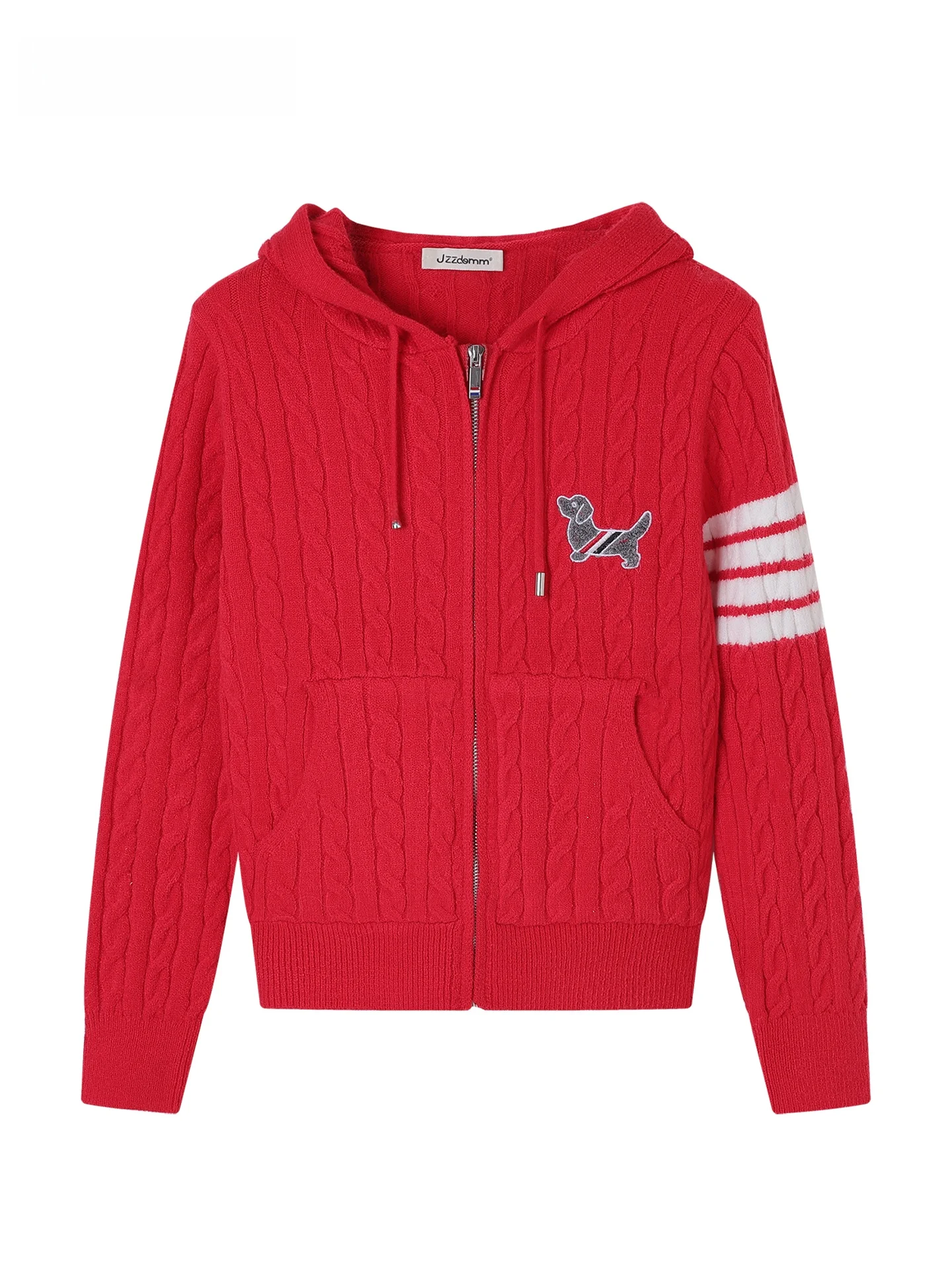 

JZZDEMM College Sle Red Knitted Zipper Sve Women's Open Cardigan Embroidered Dog Logo Soft Cotton Nylon Blend Hoodie