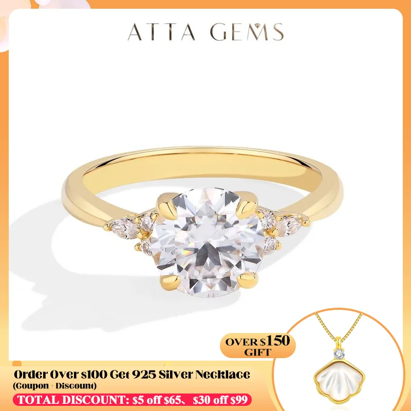 

ATTAGEMS Round Cut 2.0CT Moissanite Rings for Women Solid 10K 14K 18K Au585 Gold Engagement Wedding Jewelry With GRC Certificate