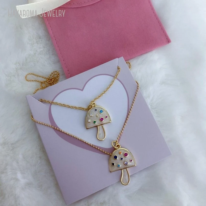 

10Pcs Beige Enamel Mushroom Dainty Necklace Women Nature Woodland Jewelry Cubic Zircon Charm Gift
