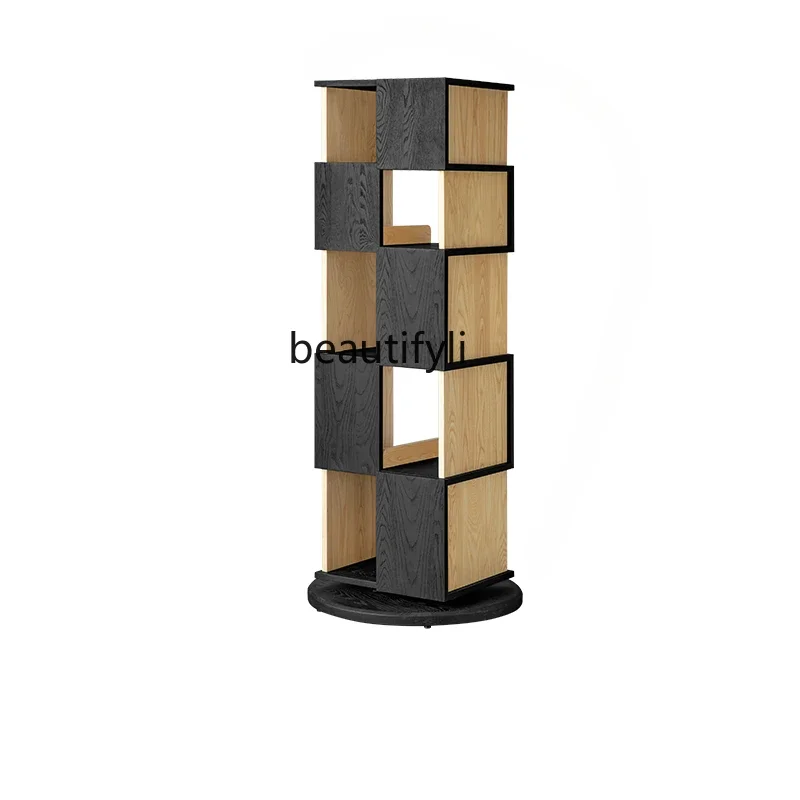 Furniture Rotating Bookshelf Black Ash Wood Living Room Corner Storage Corner Floor 360 Degrees Solid Wood Bookcase