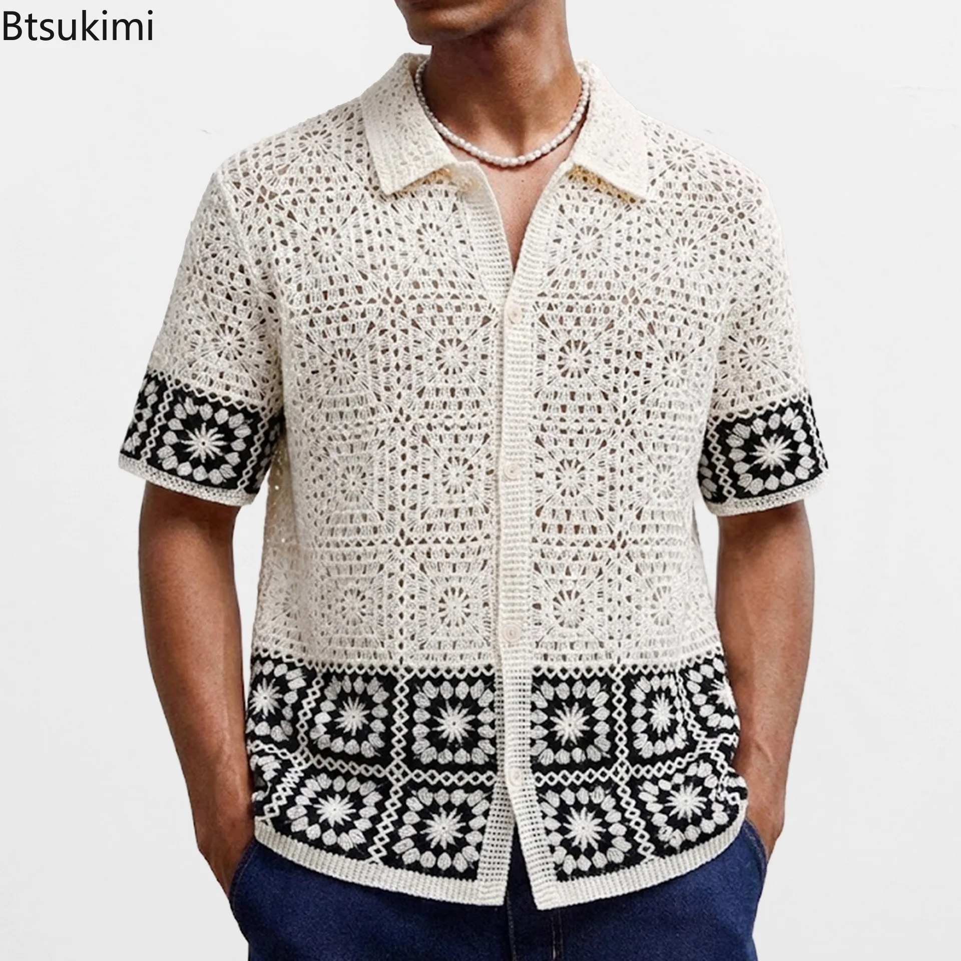 Men's Retro Ethnic Style Crochet Shirts Summer Chic Hollow Out Short Sleeve Cardigans High Quality Jacquard Knitted Polo Shirts