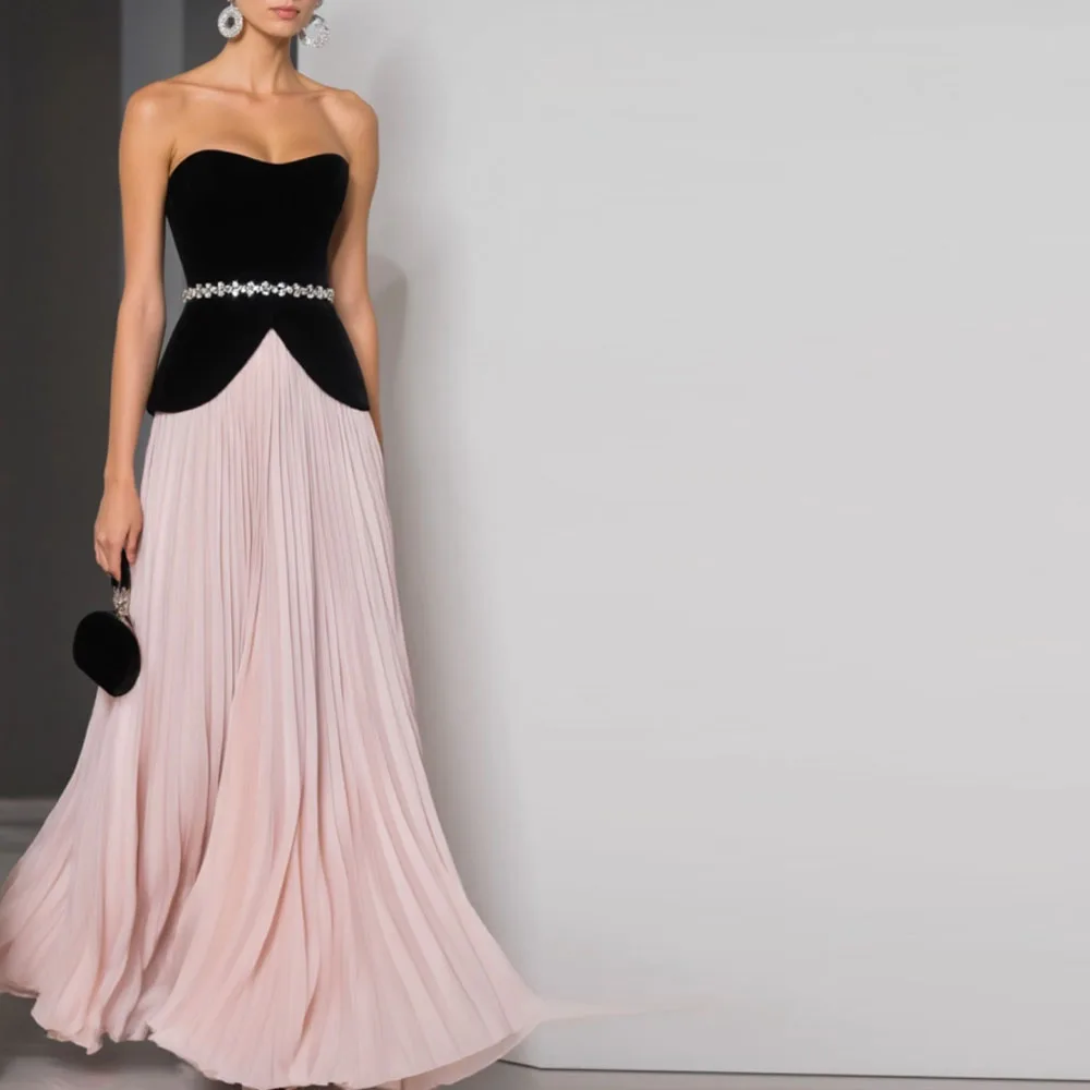 

Customized Contrast Color Evening​ Dress with Belt Pink Strapless Pleated Formal Prom Gown A Line Long Wedding Party Outfits