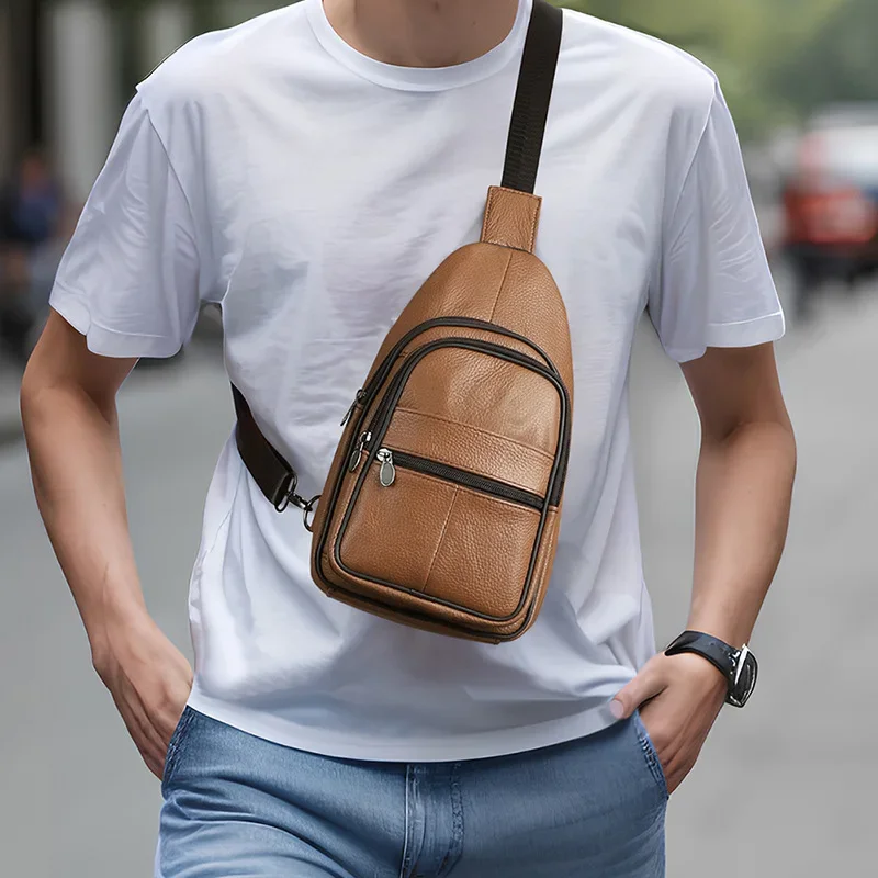 Bolsa de peito de couro genuíno masculina, grande capacidade, equitação ao ar livre, estilo retro, elegante, nova