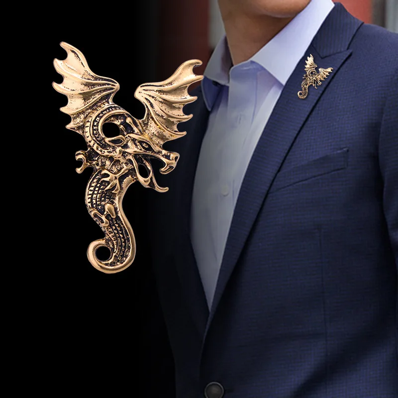 Vintage Animal Dragão Broche Pin para Homens, Asas de Metal Corsage, Camisa Lapela Pin, Emblema Moda, Acessórios Jóias, Novo, 2020