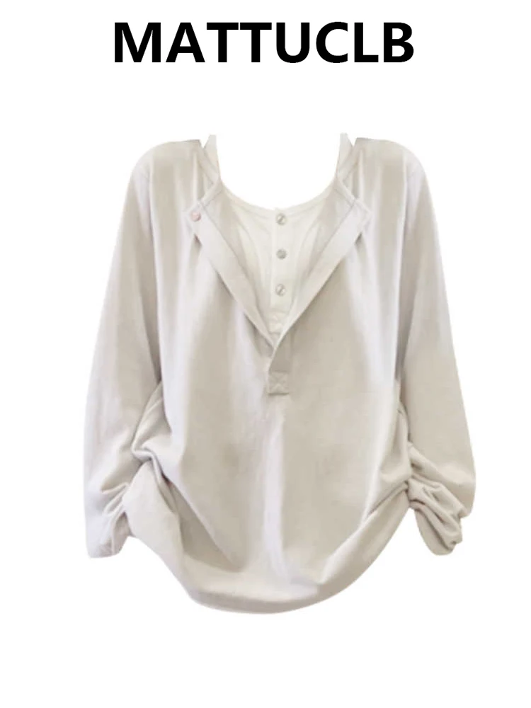 

Autumn Winter Women's Fake Two Pieces Top Long Sleeve Oversize T-Shirts Kpop Shoujo Korean Fashion Y2k Tees 2000s High Street