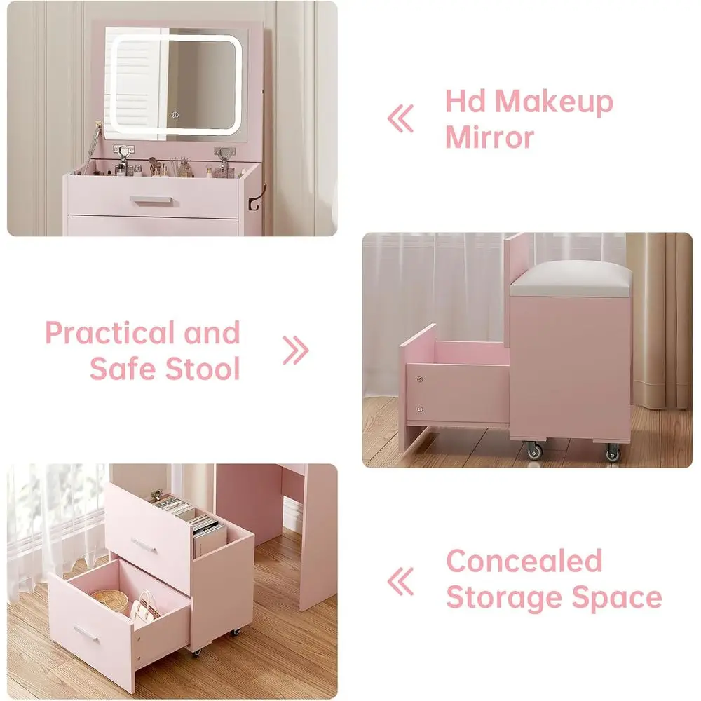 Compact Vanity with 3 Ders, 3 in 1 Vanity Desk, Makeup Desk with lip-up 3 ColLighting Mirror and Cushioned Stool, Small Vanities - view 3