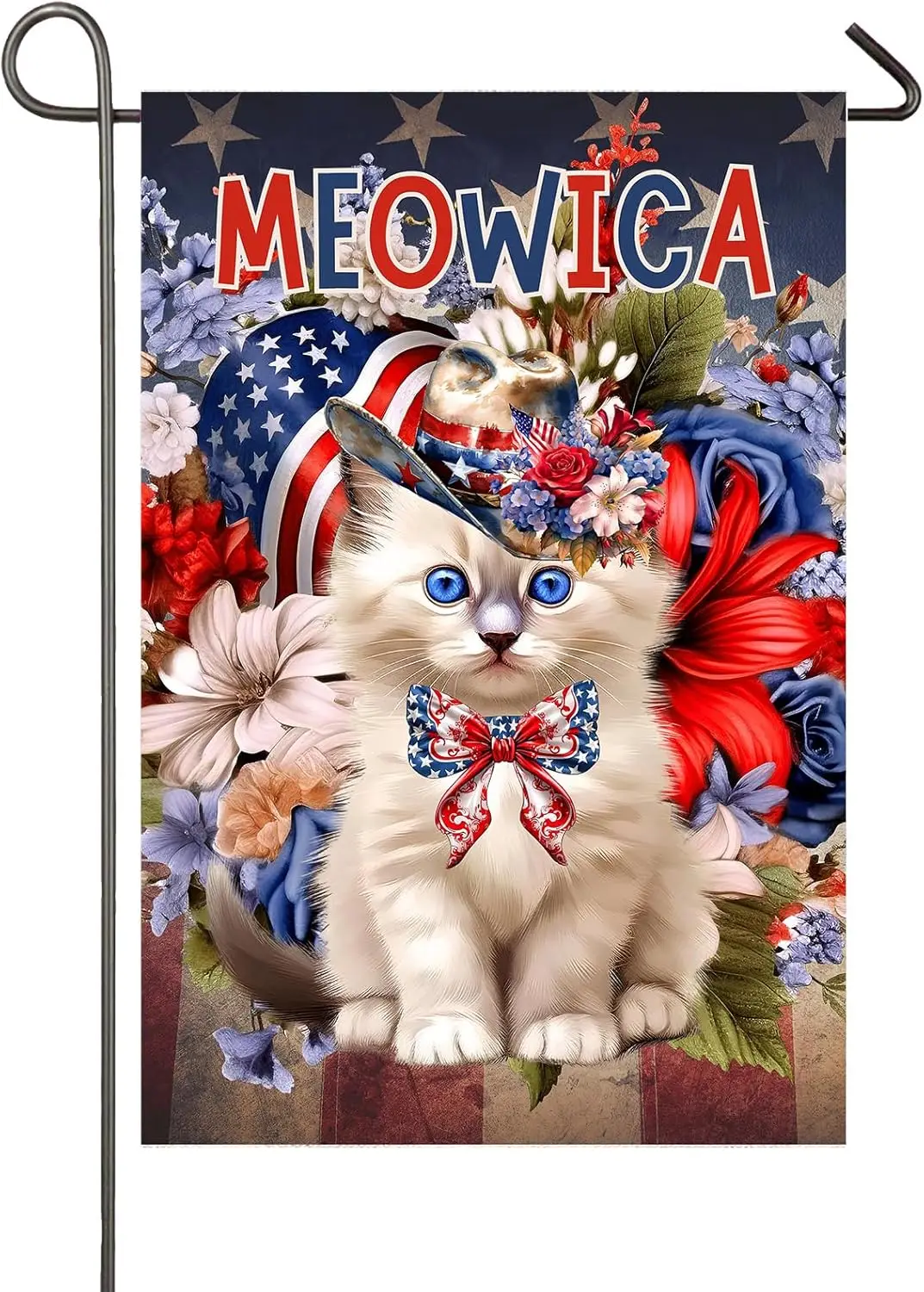 4th of July Patriotic Cat Garden Flag for Outside 12x18 Inch Double Sided America Flowers Meowica Cute Kitten Memorial Day Indep