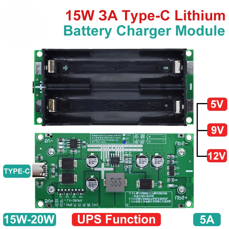 

Type-C 15W 3A 18650 Lithium Battery Charger Module DC-DC Step Up Booster Fast Charge UPS Power Supply / Converter 5V 9V 12V