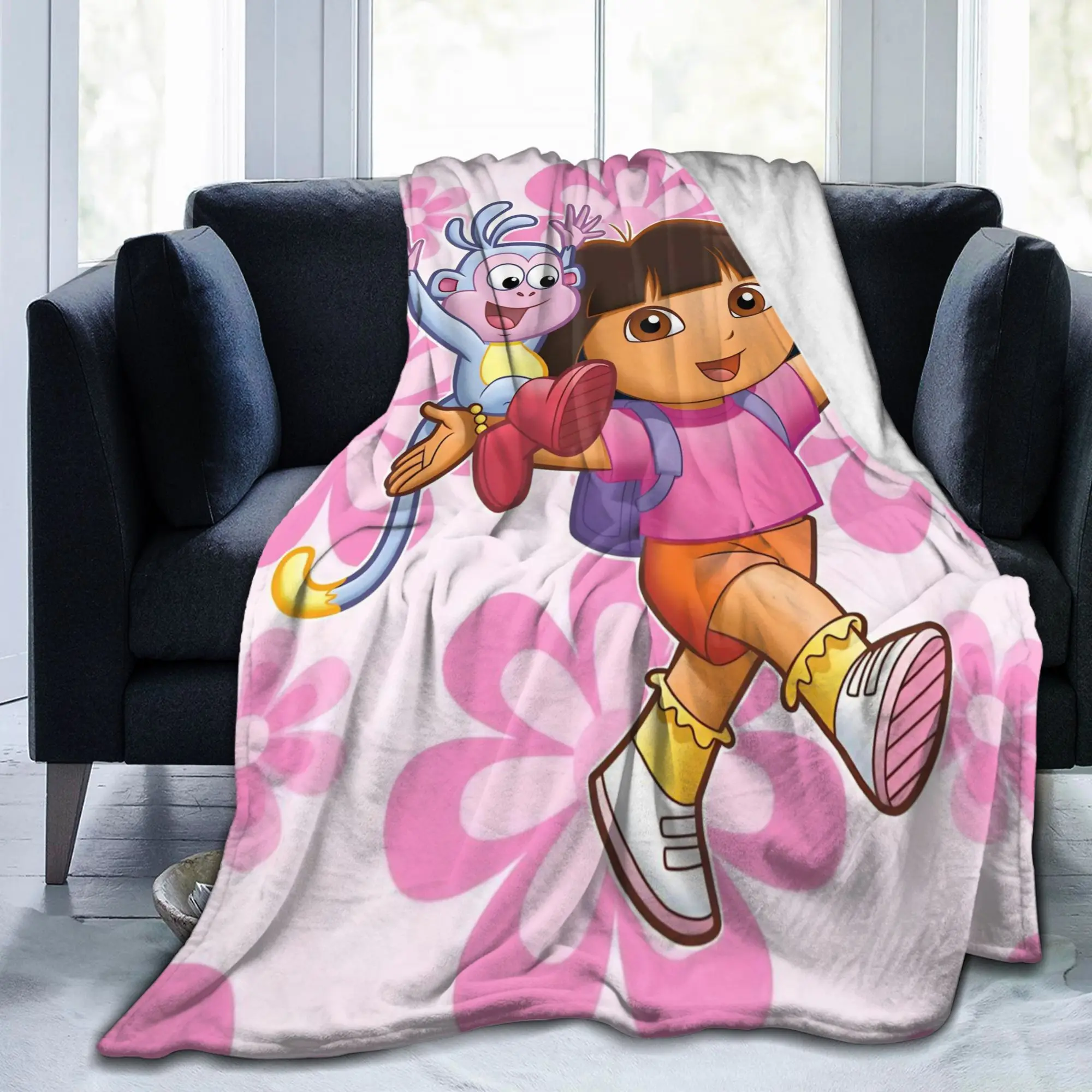 D-Doras Friends Boots Monkey Knitted Blanket Explorer Cartoon Flannel Throw Blanket Airplane Travel Bedspread Multi-function