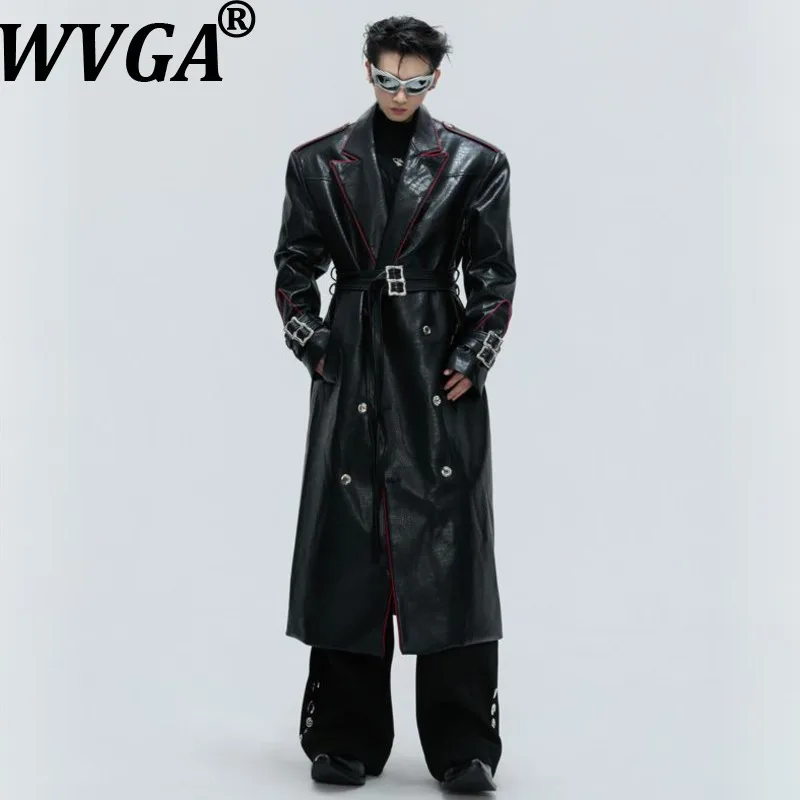 

WVGA Winter New Man TidePattern Trendy Turn-Down Collar Leather Coats Niche Casual Metal Belt Waist-Cinching Long Jackets W14895