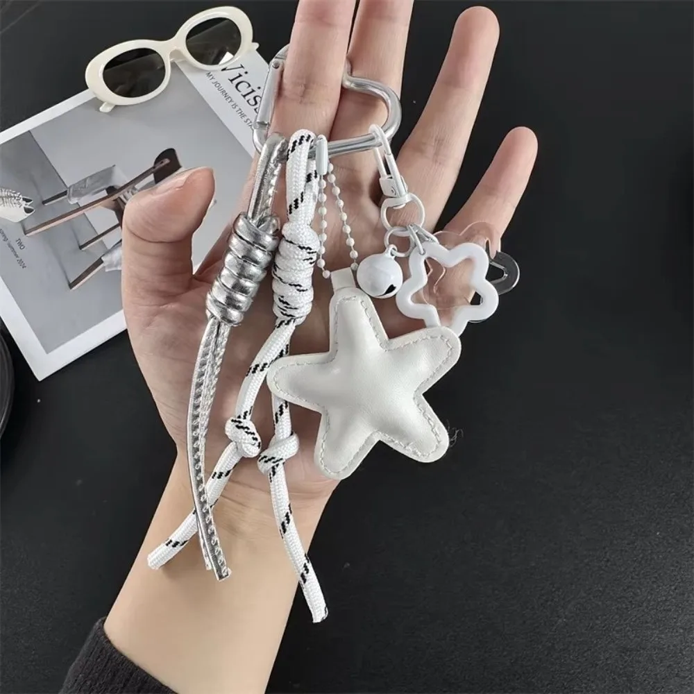 Leather Star Bag Keychain Black and White Handmade Mix-And-Match Pendant Star and Braided Rope Pendant Decoration Sweet-Cool Bag