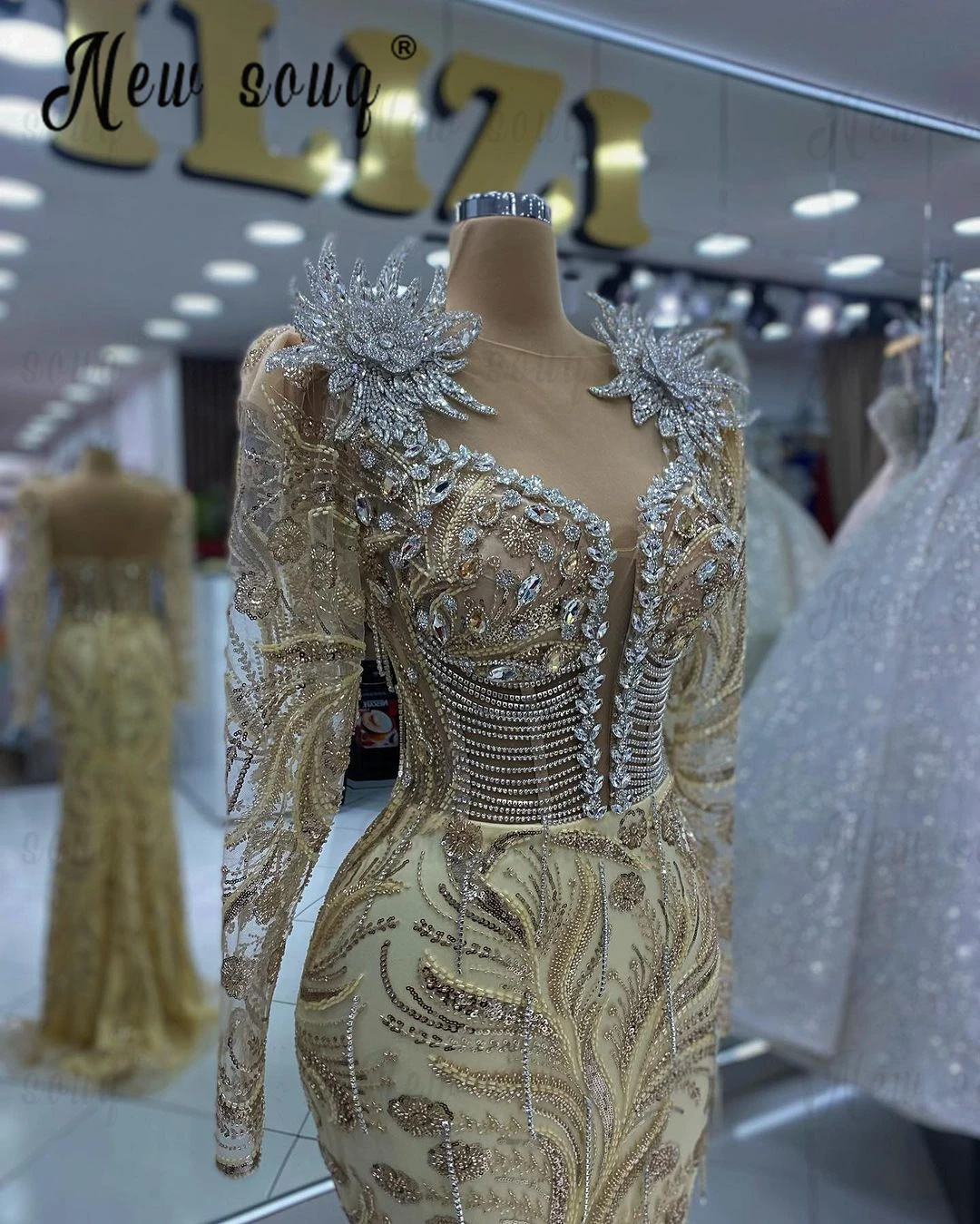 Gold Luxury Dubai Mermaid Evening Dresses with Long Sleeves 2024 Elegant Saudi Arabia Women Wedding Party Gowns ﻿Custom Made