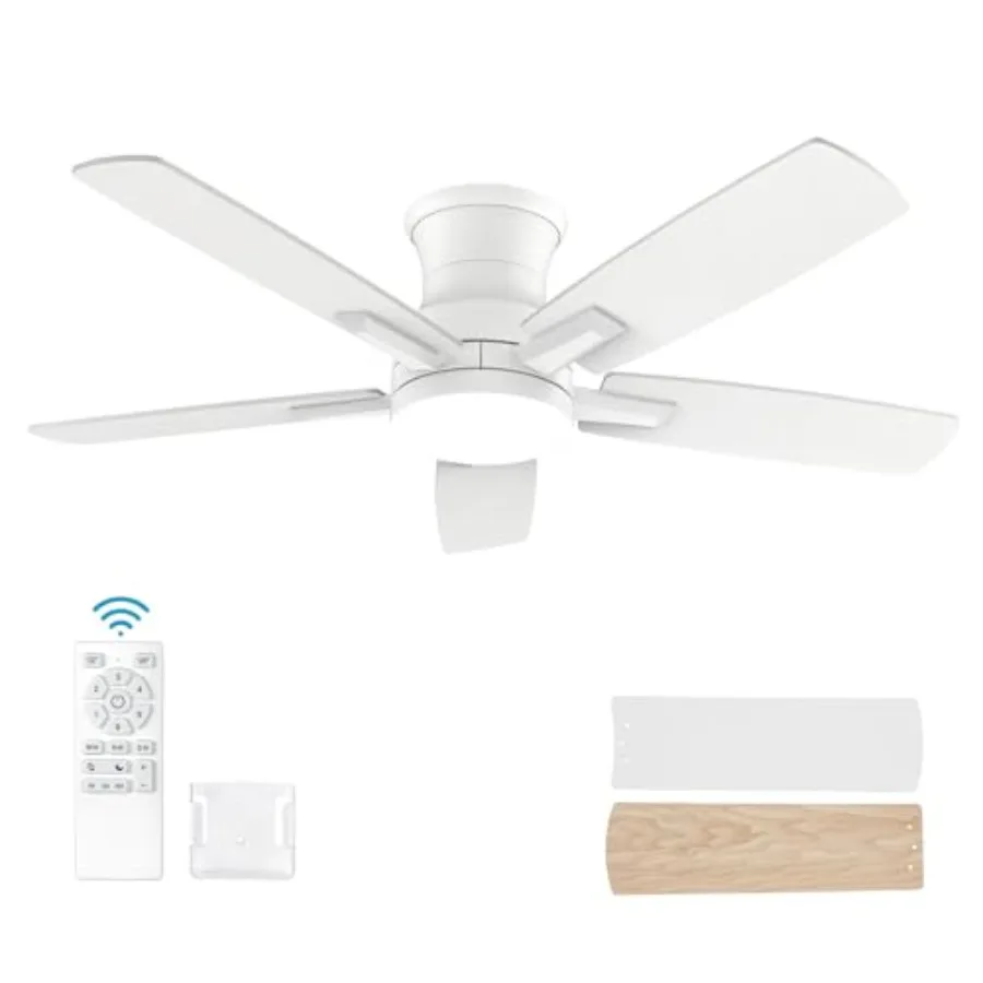 

42 Inch Flush Mount White Ceiling Fan with Light and Remote Control.NoiselessDimmable 3CCT 6 Speeds Reversible Low Profile DC C