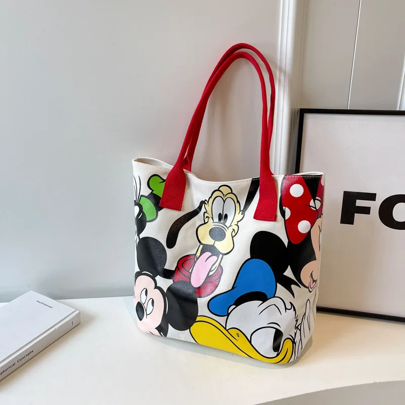 Bolso de lona versátil de gran capacidad con dibujos de Mickey de Disney para mujer, bolso de mano informal y versátil, bolso de clase para estudiante