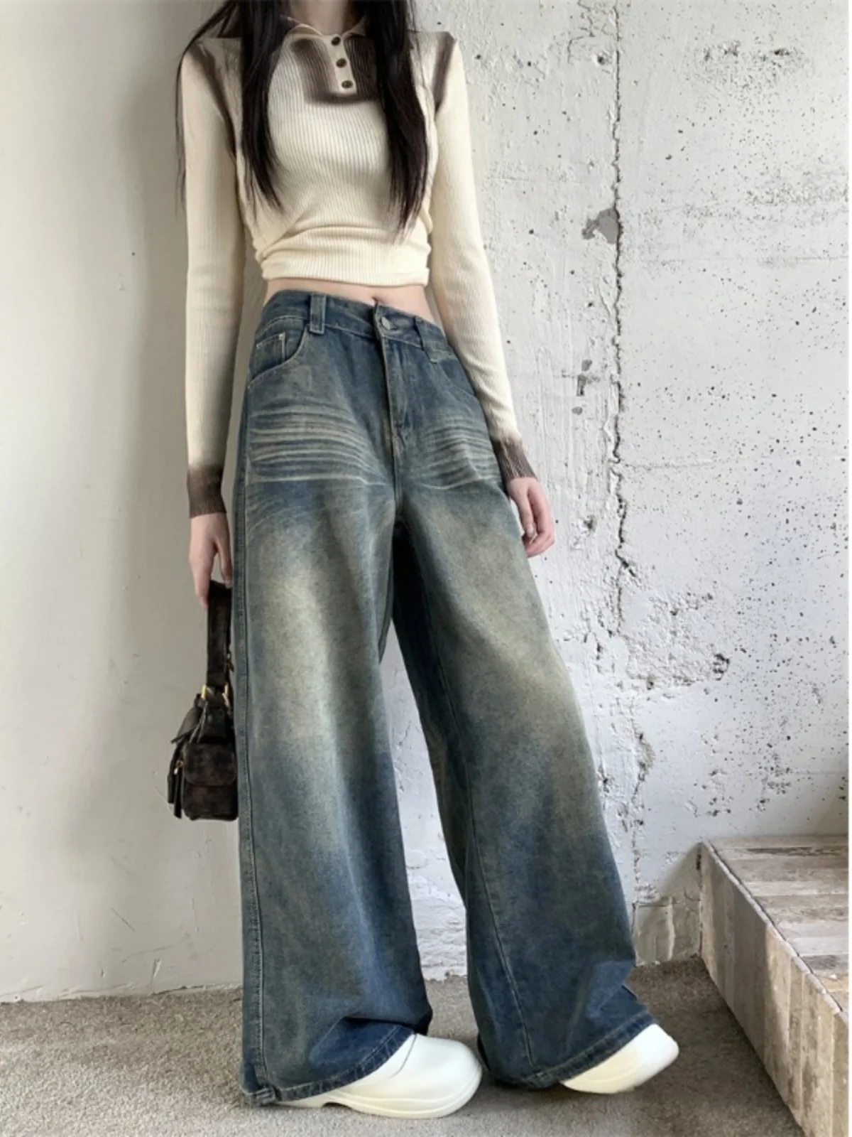 Laagbouw Jeans Y2K 2000S Kleding Gestapeld Ruche Geplooid Gedrapeerd Split Split Asymmetrisch Detail Zijkant Vrouwelijke Denim Broek Mode