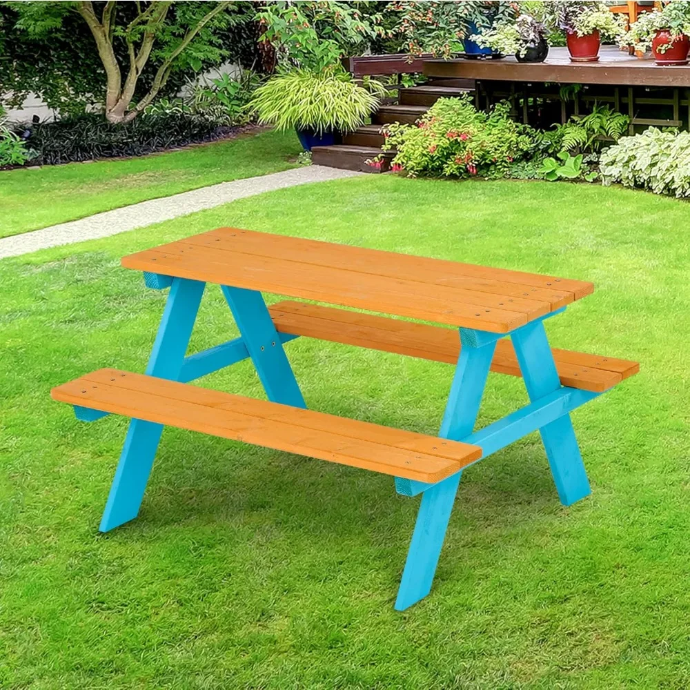 Kids Wooden Outdoor Picnic Table & Chair Bench Set with Built-in Seating, Durable & Easy Assembly