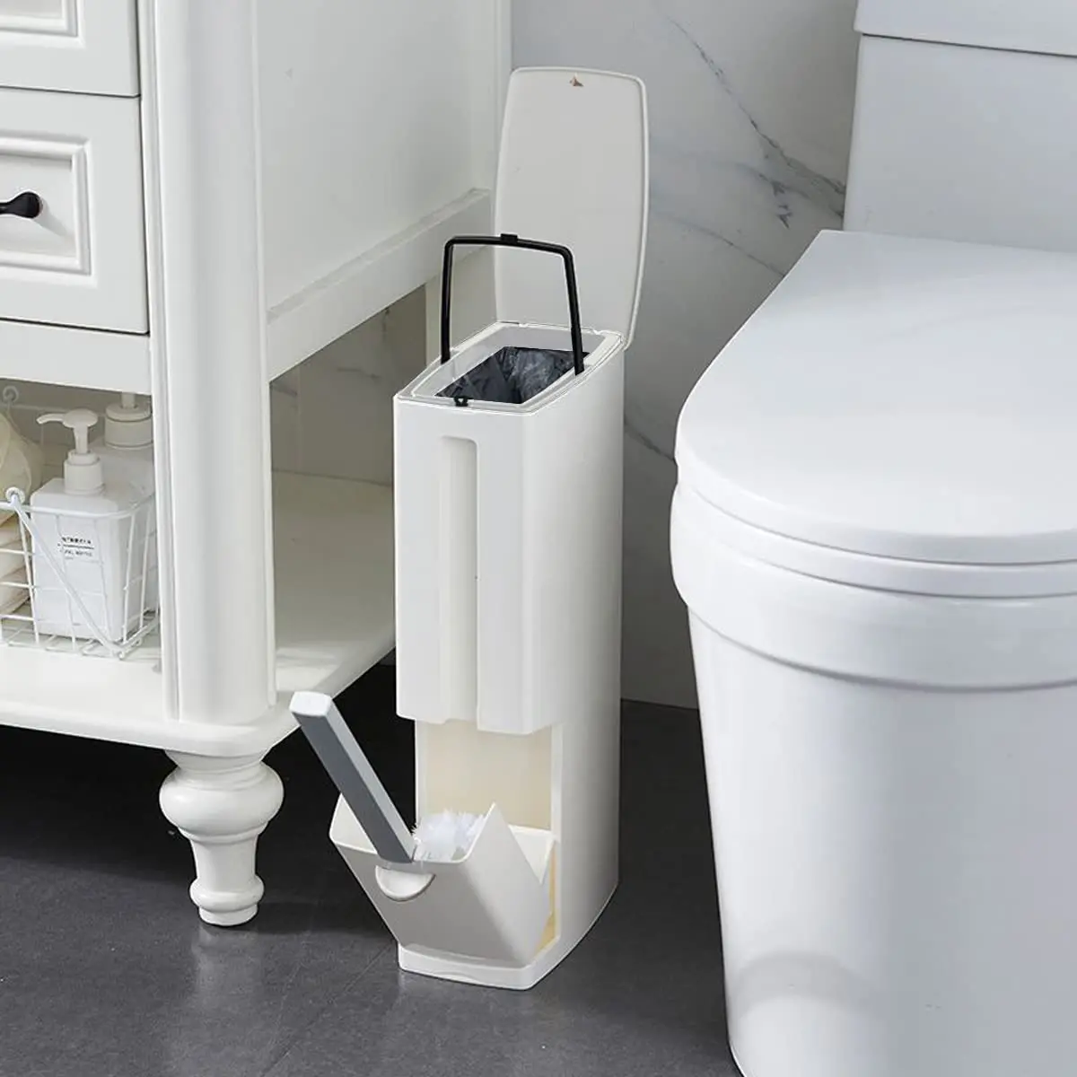 

4.4" Wide RV Slim Bathroom Trash Can with Lid - 3-in-1 Space-Saving White Bin