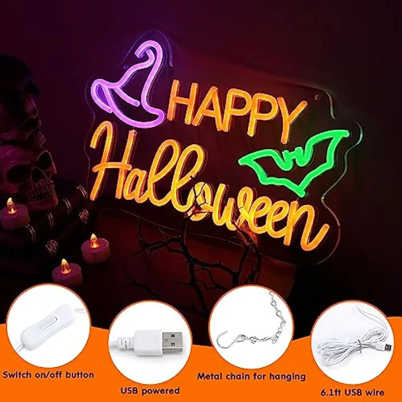 해피 할로윈 네온사인 할로윈 LED 조명 벽 장식 침실 거실 바 사무실 장식용 휴일 파티 선물