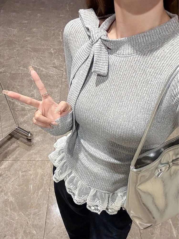 

Women's Long Sve Fce Ne Hanging Saes T-irt Lace Trim Base irt Inner Wear Top for Autumn Winter Spicy Girl Design