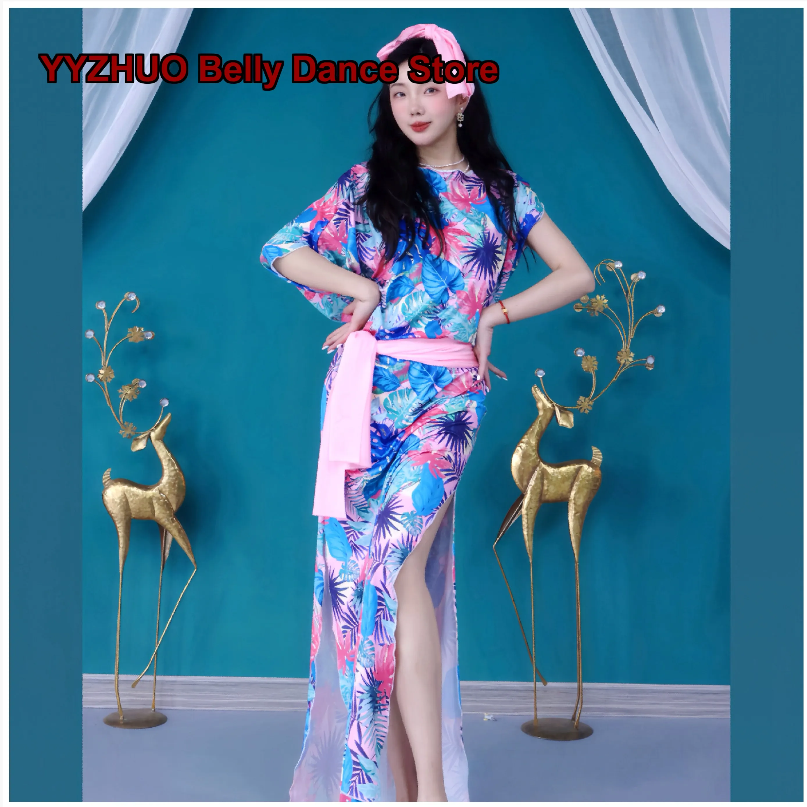 Children's Beginner Belly Dance Dress Short Sleeves Embroidered Mesh Panel Belly Dance Costume