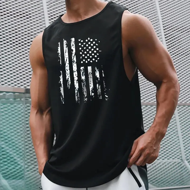 2024 Nowy męski sportowy trening uliczny bez rękawów Tank Top Casual Muscle Fashion Hip Hop Fitness Flag Digital Print Tank Top