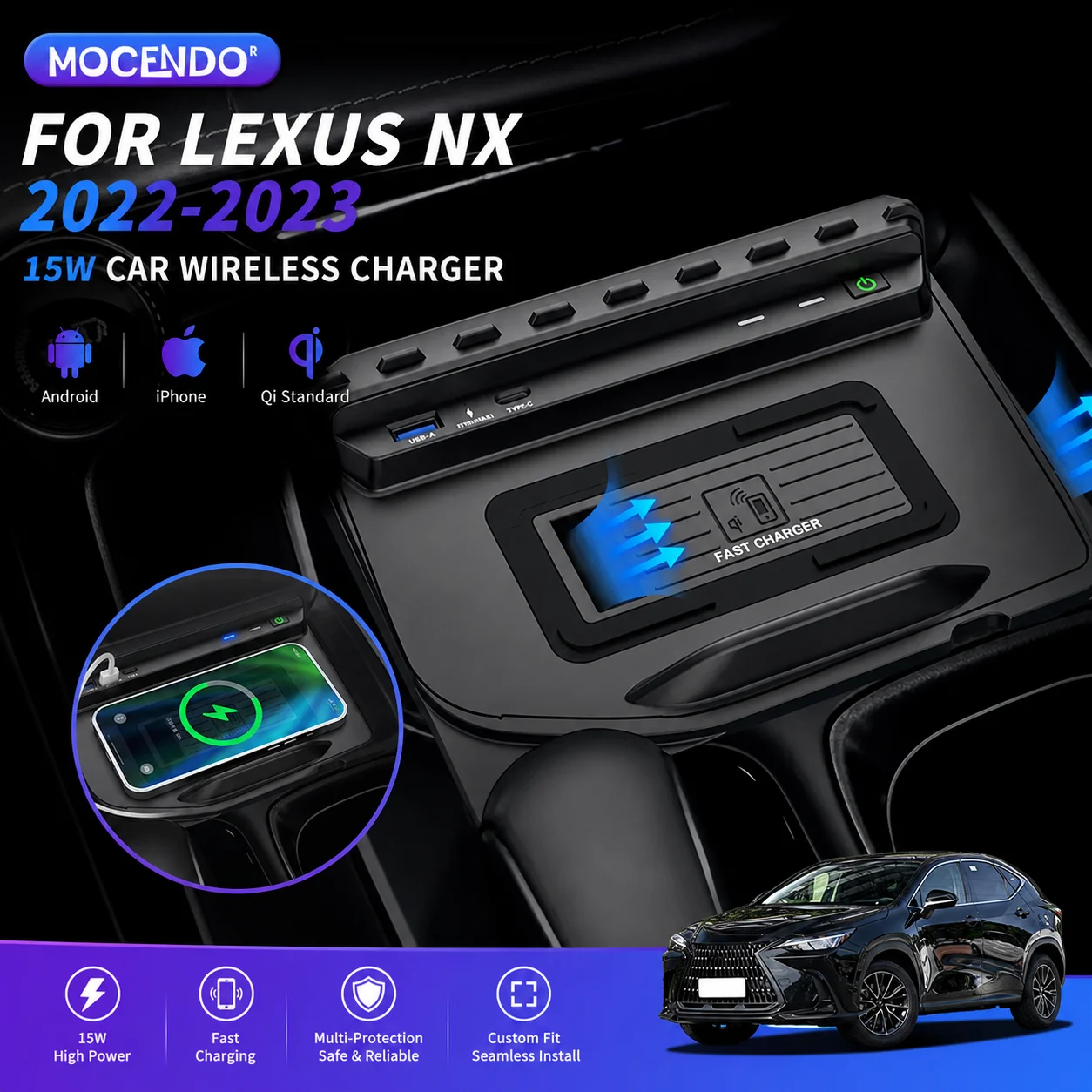 Apply to Lexus NX 350H 2022 2023 Wireless Car Charger Fast Charging Accessory Auto Charging Compatible with Lexus NX 350H Models