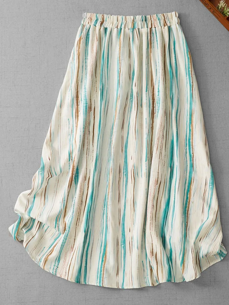 

Summer Cool Feeling Texture Contrast Color Vertical Stripes A-Line Skirt Women's High Waist Loose Fit Cotton Linen Skirt