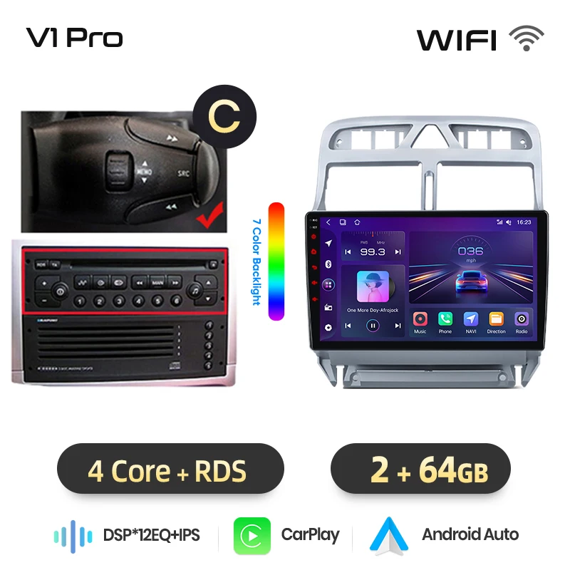 Junsun draadloze CarPlay Android Auto autoradio voor Peugeot 307 (Hatchback/SW/CC) 2001-2008 met ingebouwde koelventilator, Android GPS navigatie, multimediaspeler, WiFi, DSP, RDS, BT, SWC, IPS