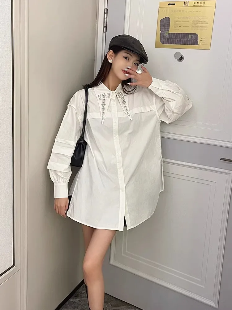 Loose Bubble Sleeve Shirt For Women With Design Sense, Patchwork Diamond Pointed Neck High-End Temperament Top