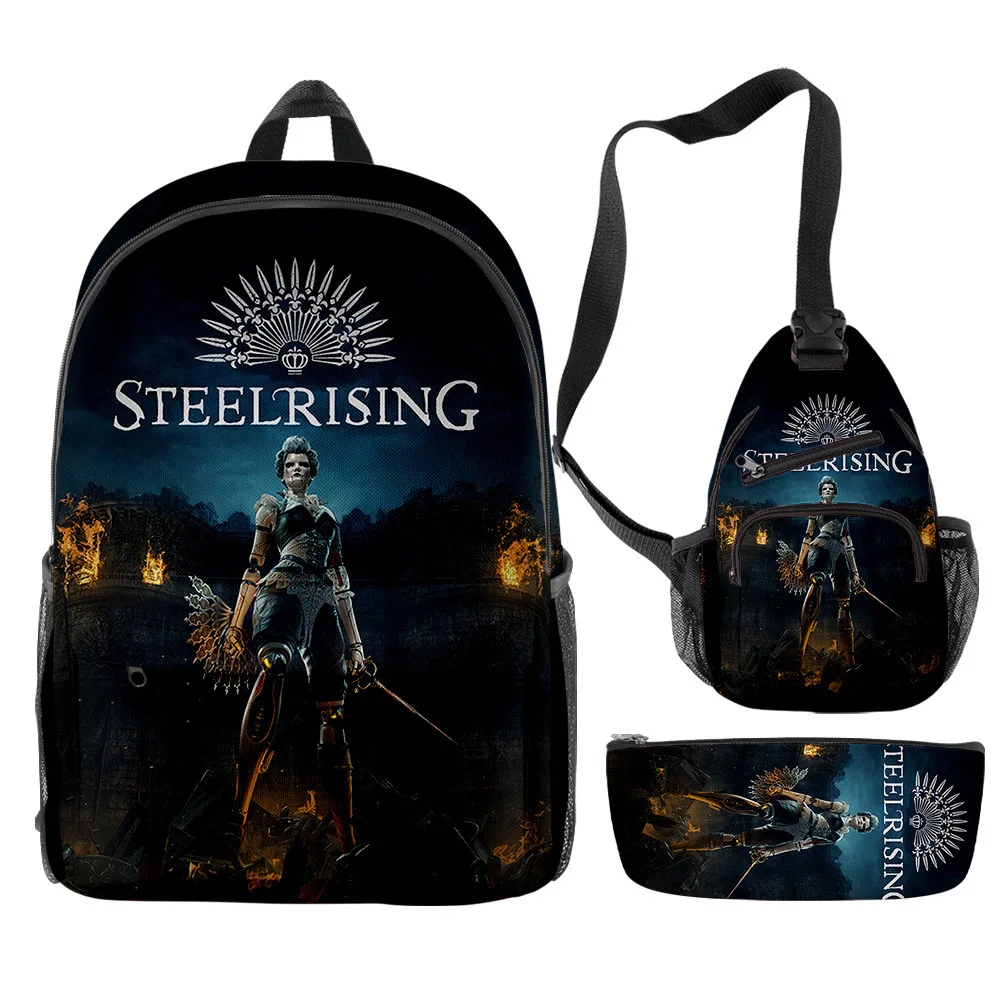 Hip Hop juvenil divertido Steelrising 3 unids/set mochila impresión 3D mochila para ordenador portátil mochilas bolsas de pecho estuche para lápices