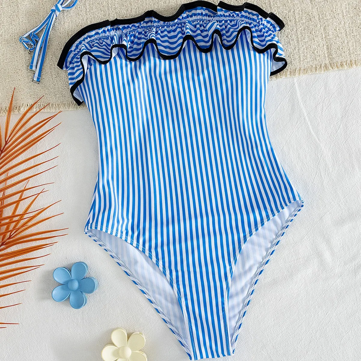 Women Grid Plaid Strapless One Piece Suits Swimsuit Ruffle Trim Front Bow Sportswear High Cut Monokini Beach Bathing Suit
