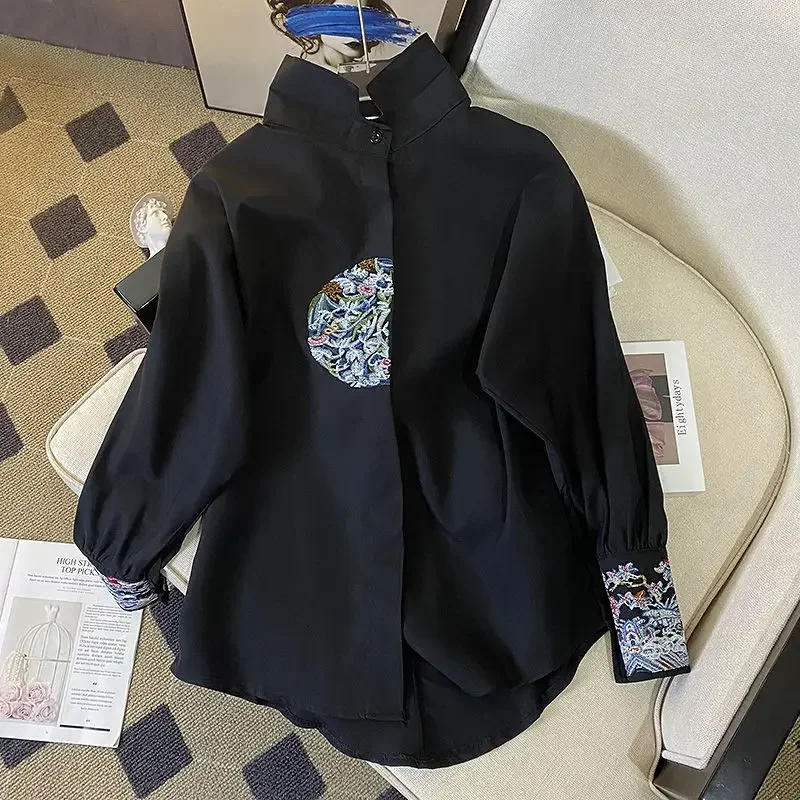 

Women High Street Button Embroidered Cardigan Chinese Style All-match Tops Spring Autumn New Printing Fashion Long Sleeve Shirt