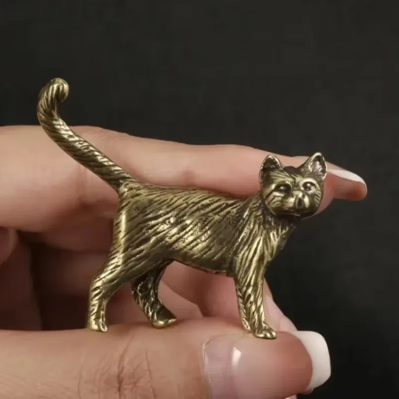 Retro Cat Brass Ornament Creative Long Tailed Cat Desktop Tea Pet Micro Carved Crafts Home Decoration Countryside Cat Ornament