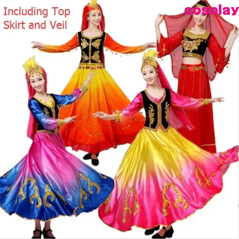 ملابس الرقص الشعبي الصيني الأقلية الوطنية التقليدية القديمة شين جيانغ مرحلة فستان رقص شينجيانغ الملابس للنساء D