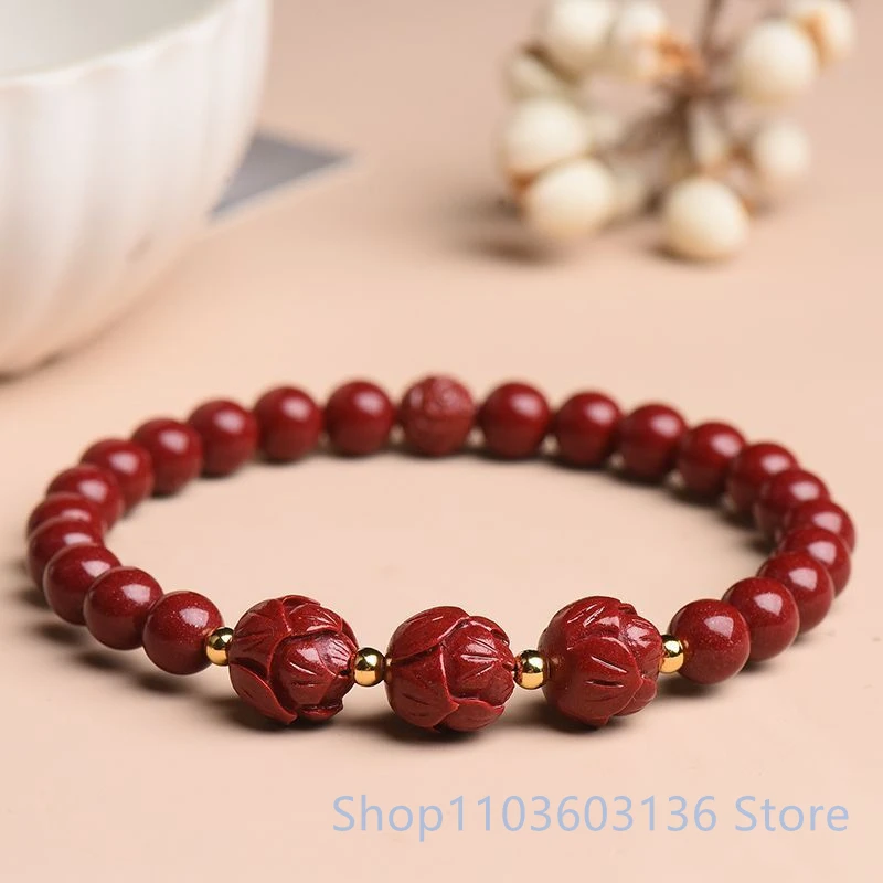 

Cinnabar Lotus Beaded Bracelet Jewelry Natural Talismans Accessories Real Man Charms Carved Charm Luxury Amulets Women Bangle