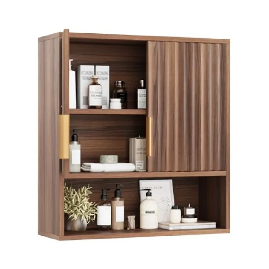 

Bathroom Wall Cabinet Walnut Fluted Medicine Cabinet with Doors Wall Mounted Storage Cabinet Over Toilet with Adjustable Shelf