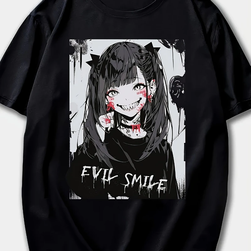 

Летняя популярная женская футболка с принтом Evil Smile - стимулирующий повседневный топ с короткими рукавами и круглым вырезом с красными акцентами