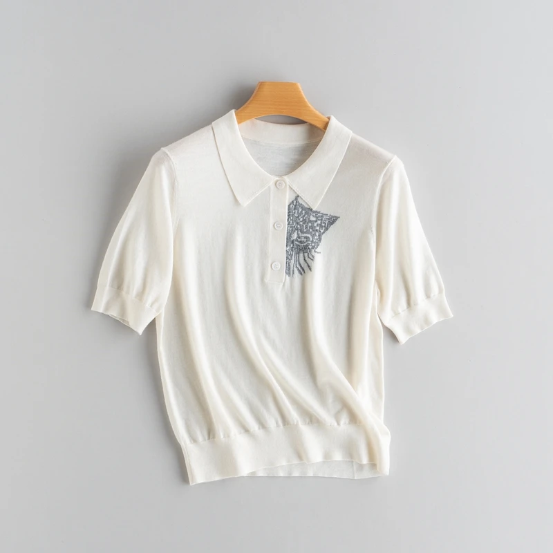 

Summer and Autumn New Women's Cashmere pullover Short Sleeve Collar Knitted Pattern Basic Style High Quality Soft Loose Top