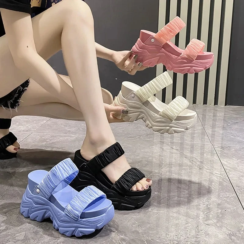 Summer Platform Slippers Women Blue Pleated Riband Discolor Ladies Chunky Sole Beach Cool Wedges Slides Shoes Woman