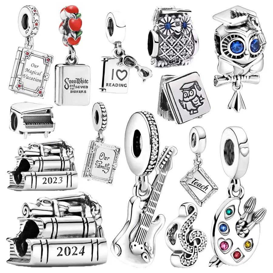 Owl Palette 2024 Graduation Music Art Book Dangle Charm Beads Fit Original 925 Sterling Silver Bracelet DIY Jewelry Gift