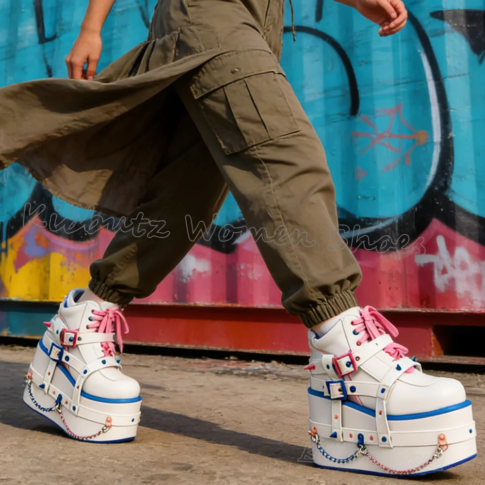 

Rivets Punk Ankle Boots Platform Leather Mixed Color Women Shoes Round Toe Height Increasing Punk Rock Fashion Luxury Concise