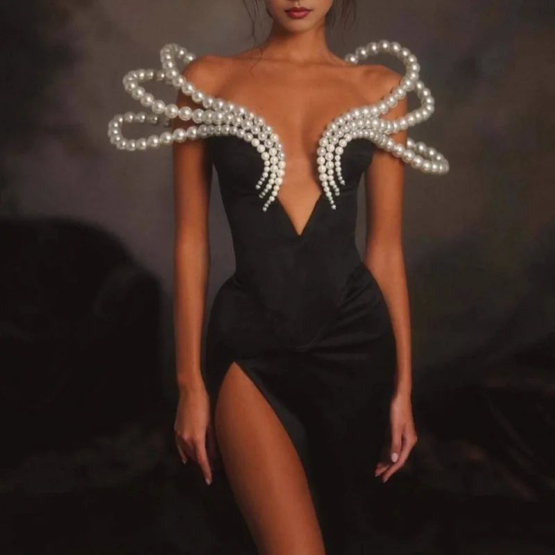 

Customized Women's Luxury Off-Shoulder Pearl Bandage Bodycon Dress Elegant Evening Outfit Sexy Club Party Dress for Women