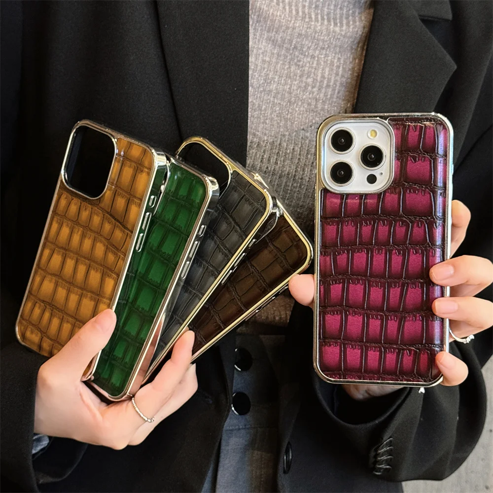 Luxury Glossy Crocodile Pattern Case For iPhone 16 15 14 13 12 11 Pro Max Plus Plating Cool Armor Shockproof Bright Color Cover