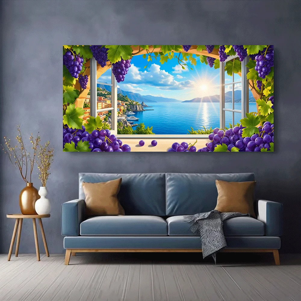 1pc frameless Canvas Painting 1PC-Canvas poster Unframed  Window View Grape Vine Coastal Landscape Sunset Sea Ocean Villa Nature